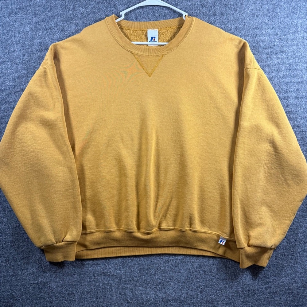 Vintage Russell Athletic Blank Crewneck Sweatshirt Men XXL Mustard Fleece Lined
